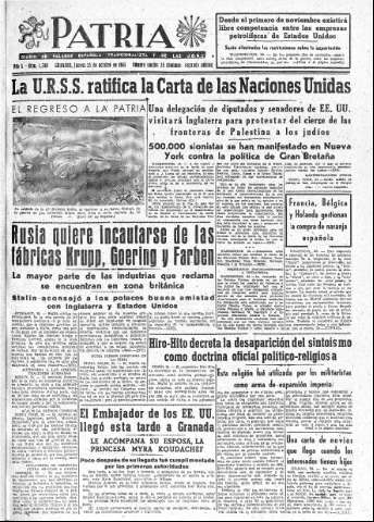 'Patria  : diario de Falange Española Tradicionalista y de las J.O.N.S.' - Año X Número 2766 2ª ed. - 1945 Octubre 25