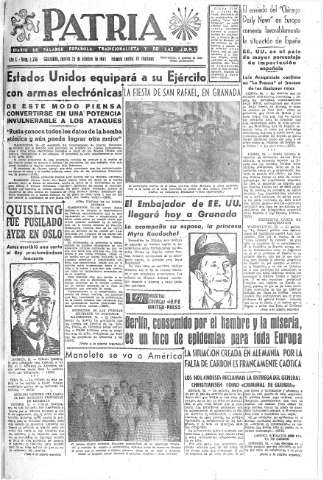 'Patria  : diario de Falange Española Tradicionalista y de las J.O.N.S.' - Año X Número 2766  - 1945 Octubre 25