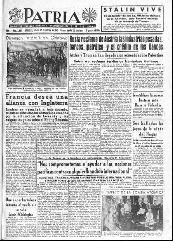 'Patria  : diario de Falange Española Tradicionalista y de las J.O.N.S.' - Año X Número 2768 2ª ed. - 1945 Octubre 27