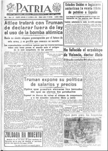 'Patria  : diario de Falange Española Tradicionalista y de las J.O.N.S.' - Año X Número 2771 2ª ed. - 1945 Octubre 31