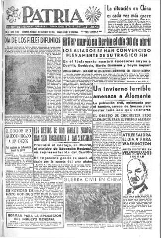 'Patria  : diario de Falange Española Tradicionalista y de las J.O.N.S.' - Año X Número 2773  - 1945 Noviembre 02