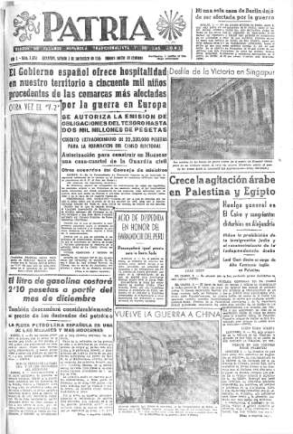 'Patria  : diario de Falange Española Tradicionalista y de las J.O.N.S.' - Año X Número 2774  - 1945 Noviembre 03