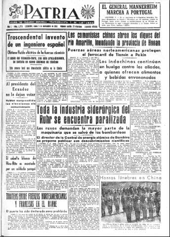 'Patria  : diario de Falange Española Tradicionalista y de las J.O.N.S.' - Año X Número 2775 2ª ed. - 1945 Noviembre 05