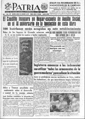 'Patria  : diario de Falange Española Tradicionalista y de las J.O.N.S.' - Año X Número 2776 2ª ed. - 1945 Noviembre 06