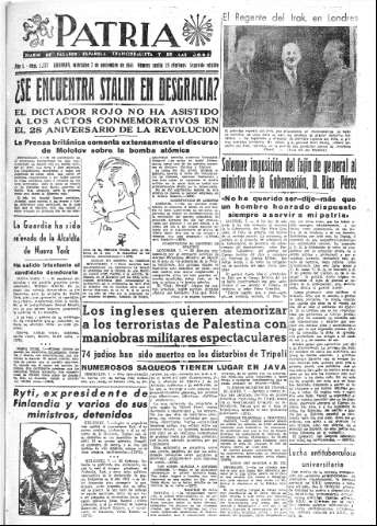'Patria  : diario de Falange Española Tradicionalista y de las J.O.N.S.' - Año X Número 2777 2ª ed. - 1945 Noviembre 07