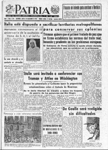 'Patria  : diario de Falange Española Tradicionalista y de las J.O.N.S.' - Año X Número 2778 2ª ed. - 1945 Noviembre 08