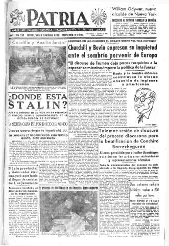 'Patria  : diario de Falange Española Tradicionalista y de las J.O.N.S.' - Año X Número 2778  - 1945 Noviembre 08