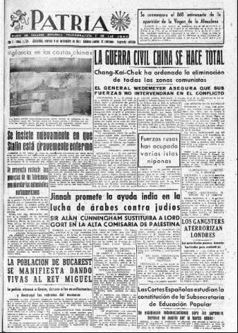 'Patria  : diario de Falange Española Tradicionalista y de las J.O.N.S.' - Año X Número 2779 2ª ed. - 1945 Noviembre 09