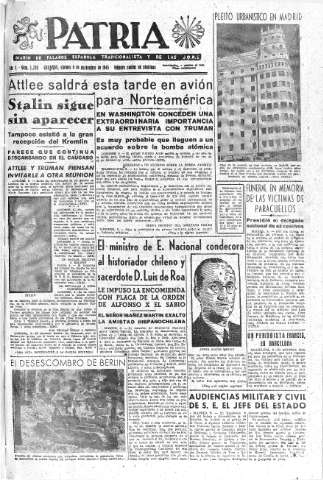 'Patria  : diario de Falange Española Tradicionalista y de las J.O.N.S.' - Año X Número 2779  - 1945 Noviembre 09