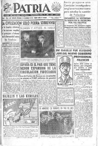 'Patria  : diario de Falange Española Tradicionalista y de las J.O.N.S.' - Año X Número 2783  - 1945 Noviembre 14