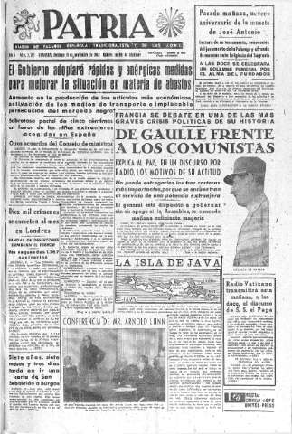 'Patria  : diario de Falange Española Tradicionalista y de las J.O.N.S.' - Año X Número 2787  - 1945 Noviembre 18