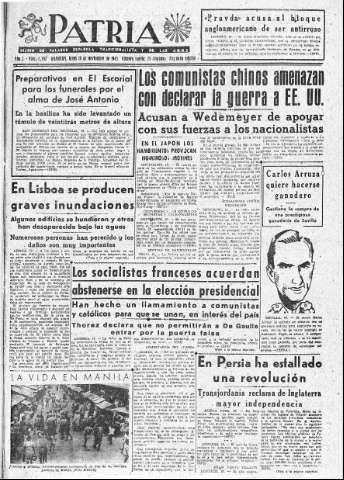 'Patria  : diario de Falange Española Tradicionalista y de las J.O.N.S.' - Año X Número 2787 2ª ed. - 1945 Noviembre 19