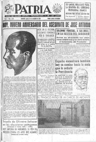 'Patria  : diario de Falange Española Tradicionalista y de las J.O.N.S.' - Año X Número 2788  - 1945 Noviembre 20