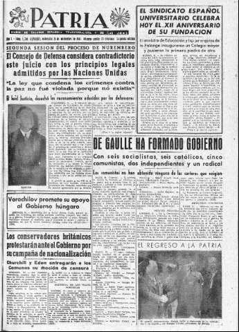 'Patria  : diario de Falange Española Tradicionalista y de las J.O.N.S.' - Año X Número 2789 2ª ed. - 1945 Noviembre 21