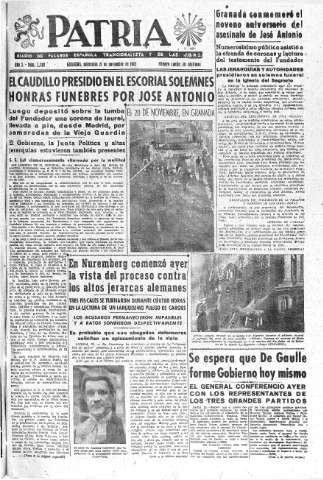 'Patria  : diario de Falange Española Tradicionalista y de las J.O.N.S.' - Año X Número 2789  - 1945 Noviembre 21
