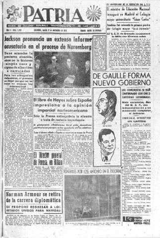 'Patria  : diario de Falange Española Tradicionalista y de las J.O.N.S.' - Año X Número 2790  - 1945 Noviembre 22