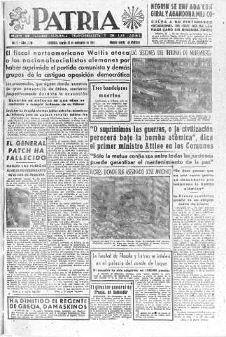 'Patria  : diario de Falange Española Tradicionalista y de las J.O.N.S.' - Año X Número 2791  - 1945 Noviembre 23