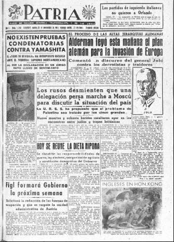 'Patria  : diario de Falange Española Tradicionalista y de las J.O.N.S.' - Año X Número 2794 2ª ed. - 1945 Noviembre 27
