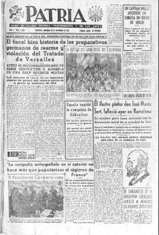 'Patria  : diario de Falange Española Tradicionalista y de las J.O.N.S.' - Año X Número 2795  - 1945 Noviembre 28