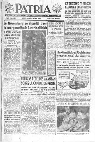 'Patria  : diario de Falange Española Tradicionalista y de las J.O.N.S.' - Año X Número 2796  - 1945 Noviembre 29