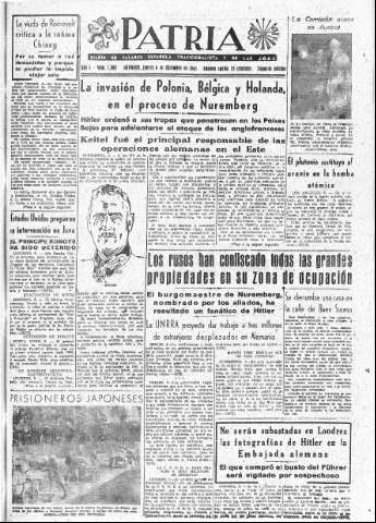 'Patria  : diario de Falange Española Tradicionalista y de las J.O.N.S.' - Año X Número 2803 2ª ed. - 1945 Diciembre 06