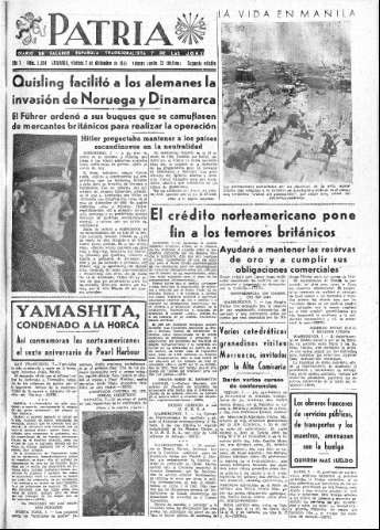 'Patria  : diario de Falange Española Tradicionalista y de las J.O.N.S.' - Año X Número 2804 2ª ed. - 1945 Diciembre 07