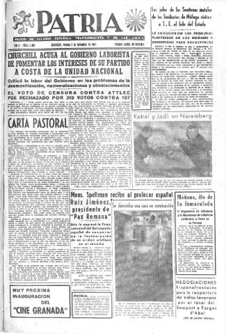 'Patria  : diario de Falange Española Tradicionalista y de las J.O.N.S.' - Año X Número 2804  - 1945 Diciembre 07