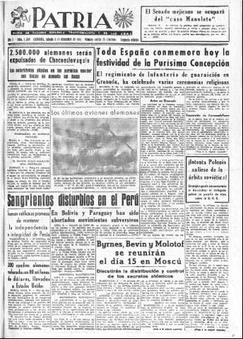 'Patria  : diario de Falange Española Tradicionalista y de las J.O.N.S.' - Año X Número 2805 2ª ed. - 1945 Diciembre 08