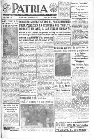 'Patria  : diario de Falange Española Tradicionalista y de las J.O.N.S.' - Año X Número 2805  - 1945 Diciembre 08