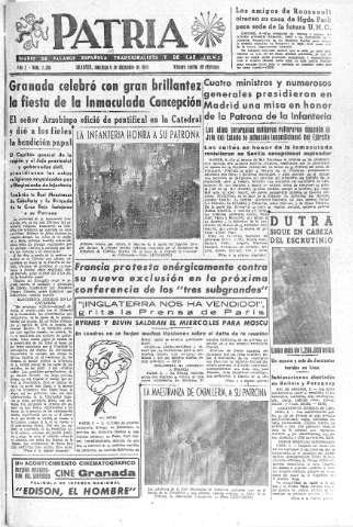 'Patria  : diario de Falange Española Tradicionalista y de las J.O.N.S.' - Año X Número 2806  - 1945 Diciembre 09