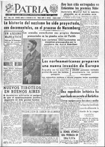 'Patria  : diario de Falange Española Tradicionalista y de las J.O.N.S.' - Año X Número 2807 2ª ed. - 1945 Diciembre 11