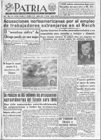 'Patria  : diario de Falange Española Tradicionalista y de las J.O.N.S.' - Año X Número 2808 2ª ed. - 1945 Diciembre 12