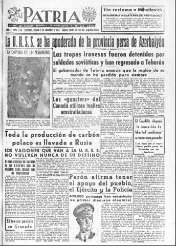 'Patria  : diario de Falange Española Tradicionalista y de las J.O.N.S.' - Año X Número 2811 2ª ed. - 1945 Diciembre 15