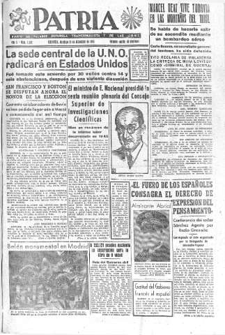 'Patria  : diario de Falange Española Tradicionalista y de las J.O.N.S.' - Año X Número 2812  - 1945 Diciembre 16