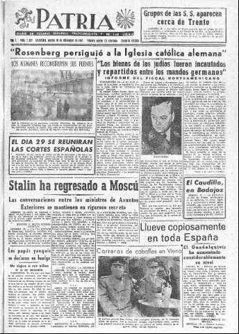 'Patria  : diario de Falange Española Tradicionalista y de las J.O.N.S.' - Año X Número 2813 2ª ed. - 1945 Diciembre 18