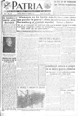 'Patria  : diario de Falange Española Tradicionalista y de las J.O.N.S.' - Año X Número 2814  - 1945 Diciembre 19