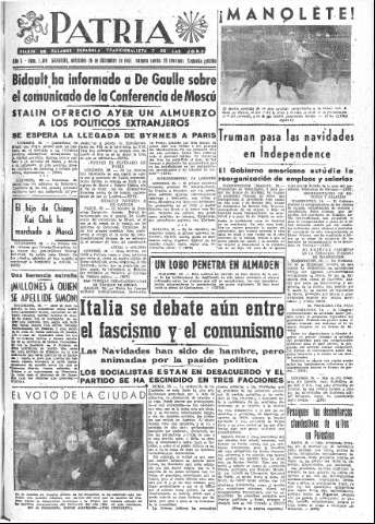 'Patria  : diario de Falange Española Tradicionalista y de las J.O.N.S.' - Año X Número 2819 2ª ed. - 1945 Diciembre 26