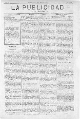 'La publicidad  : diario de avisos noticias y telegramas. Eco fiel de la opinión y verdadero defensor de los intereses morales y materiales de Granada y su provincia' - Año IV Número 278  - 1886 Agosto 11
