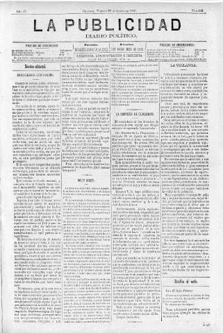 'La publicidad  : diario de avisos noticias y telegramas. Eco fiel de la opinión y verdadero defensor de los intereses morales y materiales de Granada y su provincia' - Año IV Número 292  - 1886 Agosto 27
