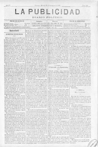 'La publicidad  : diario de avisos noticias y telegramas. Eco fiel de la opinión y verdadero defensor de los intereses morales y materiales de Granada y su provincia' - Año IV Número 312  - 1886 Septiembre 21