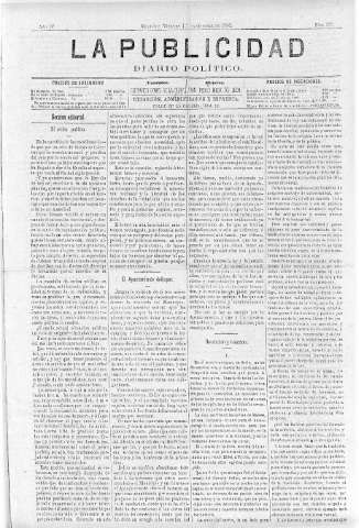 'La publicidad  : diario de avisos noticias y telegramas. Eco fiel de la opinión y verdadero defensor de los intereses morales y materiales de Granada y su provincia' - Año IV Número 321  - 1886 Octubre 01
