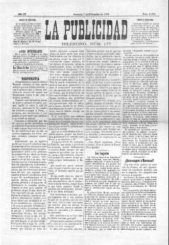 'La publicidad  : diario de avisos noticias y telegramas. Eco fiel de la opinión y verdadero defensor de los intereses morales y materiales de Granada y su provincia' - Año IX Número 2479  - 1890 Septiembre 07