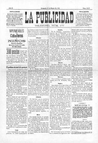 'La publicidad  : diario de avisos noticias y telegramas. Eco fiel de la opinión y verdadero defensor de los intereses morales y materiales de Granada y su provincia' - Año X Número 2517  - 1891 Enero 23