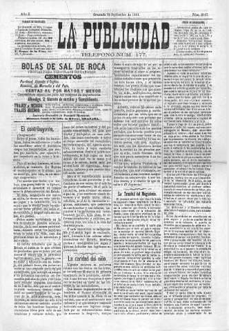 'La publicidad  : diario de avisos noticias y telegramas. Eco fiel de la opinión y verdadero defensor de los intereses morales y materiales de Granada y su provincia' - Año X Número 2587  - 1891 Marzo 24