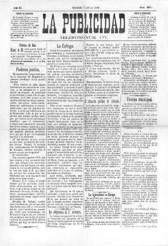 'La publicidad  : diario de avisos noticias y telegramas. Eco fiel de la opinión y verdadero defensor de los intereses morales y materiales de Granada y su provincia' - Año XI Número 2661  - 1892 Abril 03
