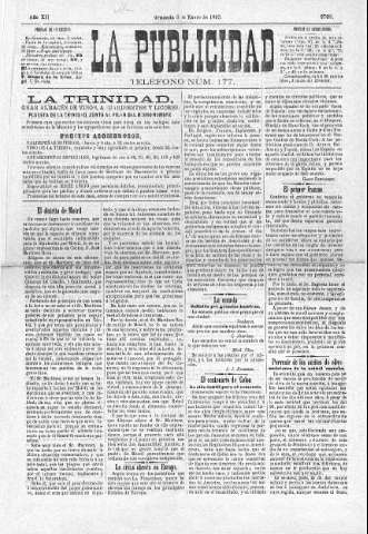 'La publicidad  : diario de avisos noticias y telegramas. Eco fiel de la opinión y verdadero defensor de los intereses morales y materiales de Granada y su provincia' - Año XII Número 2768  - 1893 Enero 06