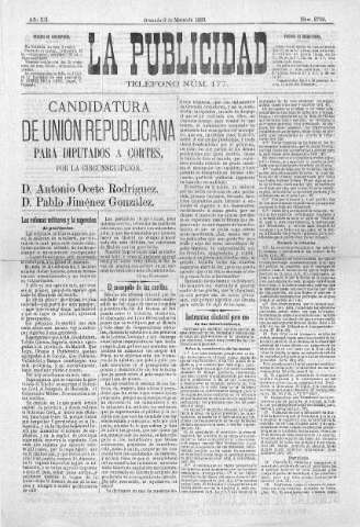 'La publicidad  : diario de avisos noticias y telegramas. Eco fiel de la opinión y verdadero defensor de los intereses morales y materiales de Granada y su provincia' - Año XII Número 2792  - 1893 Marzo 03