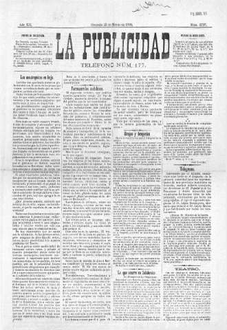 'La publicidad  : diario de avisos noticias y telegramas. Eco fiel de la opinión y verdadero defensor de los intereses morales y materiales de Granada y su provincia' - Año XII Número 2797  - 1893 Marzo 15