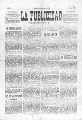 'La publicidad  : diario de avisos noticias y telegramas. Eco fiel de la opinión y verdadero defensor de los intereses morales y materiales de Granada y su provincia' - Año XII Número 3105  - 1894 Julio 26