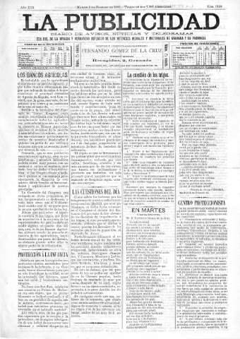 'La publicidad  : diario de avisos noticias y telegramas. Eco fiel de la opinión y verdadero defensor de los intereses morales y materiales de Granada y su provincia' - Año XIII Número 3169  - 1895 Febrero 05